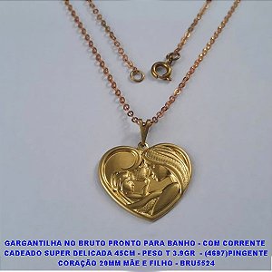 GARGANTILHA NO BRUTO PRONTO PARA BANHO - COM CORRENTE  CADEADO SUPER DELICADA 45CM - PESO T 3.9GR  - (4697)PINGENTE CORAÇÃO 20MM MÃE E FILHO - BRU5524