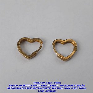 TAMANHO 1.4CM (14MM) BRINCO NO BRUTO PRONTO PARA O BANHO - MODELO DE CORAÇÃO ARGOLINHA DE PRESSÃO(TRANQUETA) TAMANHO 14MM - PESO TOTAL  1.7GR - BRU6807