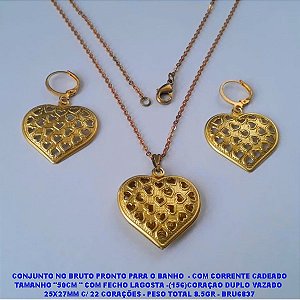 CONJUNTO NO BRUTO PRONTO PARA O BANHO  - COM CORRENTE CADEADO TAMANHO "50CM " COM FECHO LAGOSTA -(156)CORAÇAO DUPLO VAZADO  25X27MM C/ 22 CORAÇÕES - PESO TOTAL 8.5GR - BRU6837