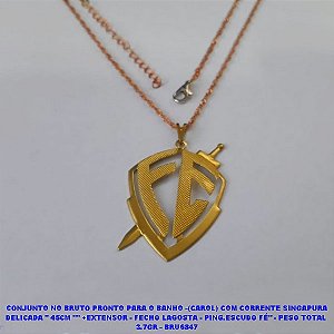 GARGANTILHA NO BRUTO PRONTO PARA O BANHO(CX113) -(CAROL) COM CORRENTE SINGAPURA DELICADA '' 45CM "" +EXTENSOR - FECHO LAGOSTA - PING.ESCUDO FÉ" - PESO TOTAL  3.7GR - BRU6847