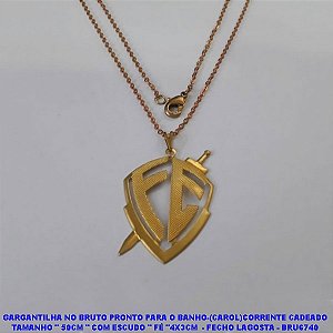 GARGANTILHA NO BRUTO PRONTO PARA O BANHO-(CAROL)CORRENTE CADEADO TAMANHO " 50CM " COM ESCUDO " FÉ "4X3CM  - PESO 3,5GR - FECHO LAGOSTA - BRU6527