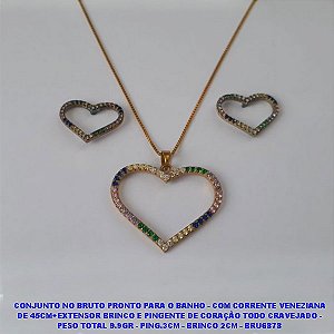 CONJUNTO NO BRUTO PRONTO PARA O BANHO - COM CORRENTE VENEZIANA DE 45CM+EXTENSOR BRINCO E PINGENTE DE CORAÇÃO TODO CRAVEJADO - PESO TOTAL 9.9GR - PING.3CM - BRINCO 2CM - BRU6878