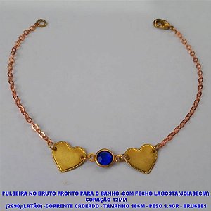 PULSEIRA NO BRUTO PRONTO PARA O BANHO(CX113) -COM FECHO LAGOSTA(JOIASECIA)  CORAÇÃO 12MM (2690)(LATÃO) -CORRENTE CADEADO - TAMANHO 18CM - PESO 1.9GR - BRU6881