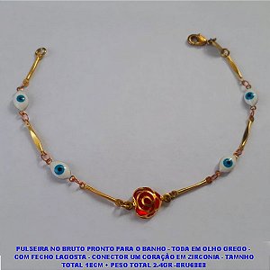 PULSEIRA NO BRUTO PRONTO PARA O BANHO(CX114) - TODA EM OLHO GREGO -  COM FECHO LAGOSTA - CONECTOR UM CORAÇÃO EM ZIRCONIA - TAMNHO TOTAL 18CM + PESO TOTAL 2.4GR -BRU6888