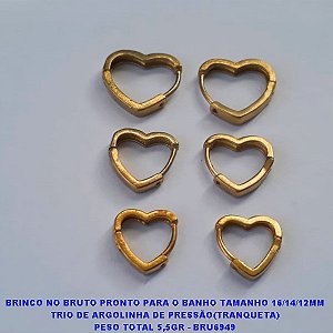 BRINCO NO BRUTO PRONTO PARA O BANHO(CX145) TAMANHO 16/14/12MM TRIO DE CORAÇÃO DE PRESSÃO(TRANQUETA) PESO TOTAL 5,5GR - BRU6949