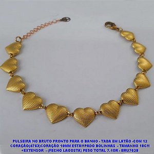 PULSEIRA NO BRUTO PRONTO PARA O BANHO - TADA EM LATÃO -COM 12 CORAÇÃO(4763)CORAÇÃO 10MM ESTAMPADO BOLINHAS  - TAMANHO 18CM +EXTENSOR  - (FECHO LAGOSTA) PESO TOTAL 7.1GR - BRU7028