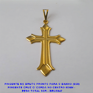 PINGENTE NO BRUTO PRONTO PARA O BANHO (658) PINGENTE CRUZ C/ CORDA NO CENTRO 50MM -  PESO TOTAL 5GR - BRU5847