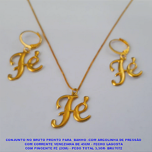 CONJUNTO NO BRUTO PRONTO PARA  BANHO -COM ARGOLINHA DE PRESSÃO COM CORRENTE VENEZIANA DE 45CM - FECHO LAGOSTA COM PINGENTE FÉ (2CM) - PESO TOTAL 3,3GR- BRU7072