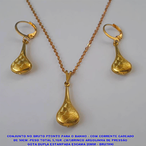 CONJUNTO NO BRUTO PTONTO PARA O BANHO - COM CORRENTE CADEADO DE 50CM -PESO TOTAL 5,1GR -(361)BRINCO ARGOLINHA DE PRESSÃO GOTA DUPLA ESTAMPADA ESCAMA 20MM - BRU7090