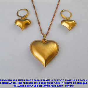 CONJUNTO NO BRUTO PRONTO PARA O BANHO - CORRENTE SINGAPURA DE 45CM BRINCO ARGOLINHA DE PRESSÃO COM CORAÇÃO DE 15MM -PINGENTE DE CORAÇÃO(POTE) TAMANHO 25MM(TUDO EM LATÃO)PESO 3.7GR - BR7116