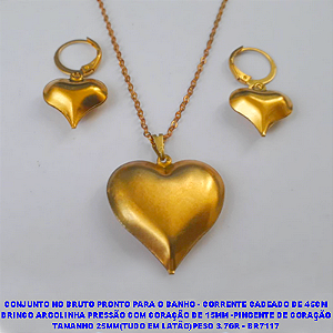 CONJUNTO NO BRUTO PRONTO PARA O BANHO - CORRENTE CADEADO DE 45CM BRINCO ARGOLINHA PRESSÃO COM CORAÇÃO DE 15MM -PINGENTE DE CORAÇÃO(POTE) TAMANHO 25MM(TUDO EM LATÃO)PESO 3.7GR - BR7117