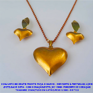 CONJUNTO NO BRUTO PRONTO PARA O BANHO - CORRENTE E.PORTUGUES 45CM  (POTE)BASE DE BRINCO GOTA - COM CORAÇÃO(POTE) DE 15MM -PINGENTE DE CORAÇÃO  TAMANHO 25MM(TUDO EM LATÃO)PESO 5.5GR - BR7122