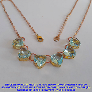 SHOCKER NO BRUTO PRONTO PARA O BANHO - COM CORRENTE CADEADO 40CM+EXTENSOR - COM SEIS PEDRA DE ZIRCONIA 10MM FORMATO DE CORAÇÃO COM BASE EM LATÃO - PESO TOTAL 7.9GR - BRU5058