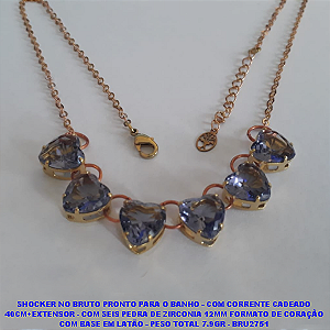 SHOCKER NO BRUTO PRONTO PARA O BANHO - COM CORRENTE CADEADO 40CM+EXTENSOR - COM SEIS PEDRA DE ZIRCONIA 10MM FORMATO DE CORAÇÃO COM BASE EM LATÃO - PESO TOTAL 7.9GR - BRU2751