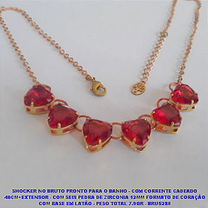 SHOCKER NO BRUTO PRONTO PARA O BANHO - COM CORRENTE CADEADO 40CM+EXTENSOR - COM SEIS PEDRA DE ZIRCONIA 10MM FORMATO DE CORAÇÃO COM BASE EM LATÃO - PESO TOTAL 7.9GR - BRU5285