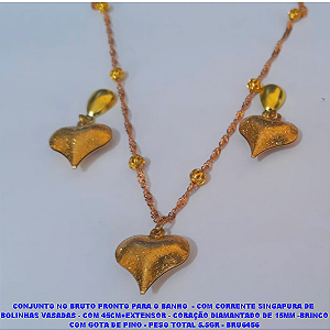 CONJUNTO NO BRUTO PRONTO PARA O BANHO  - COM CORRENTE SINGAPURA DE  BOLINHAS VASADAS - COM 45CM+EXTENSOR - CORAÇÃO DIAMANTADO DE 15MM -BRINCO COM GOTA DE PINO - PESO TOTAL 5.5GR - BRU6456