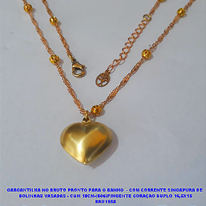 GARGANTILHA NO BRUTO PRONTO PARA O BANHO  - COM CORRENTE SINGAPURA DE  BOLINHAS VASADAS - COM 18CM-(806)PINGENTE CORAÇAO DUPLO 16,5X15 BRU1558