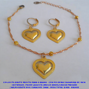 CONJUNTO BRUTO PRONTO PARA O BANHO - COM PULSEIRA SINGAPURA DE 18CM +EXTENSOR - FECHO LAGOSTA -BRINCO ARGOLINHA DE PRESSÃO (169)PINGENTE DOIS CORACOES 20MM - PESO TOTAL 5.6GR -  BRU022