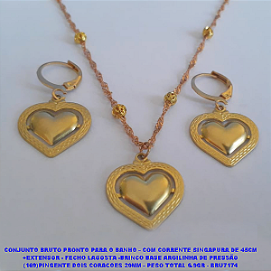 CONJUNTO BRUTO PRONTO PARA O BANHO - COM CORRENTE SINGAPURA DE 45CM +EXTENSOR - FECHO LAGOSTA -BRINCO BASE ARGILINHA DE PRESSÃO (169)PINGENTE DOIS CORACOES 20MM - PESO TOTAL 6.9GR - BRU7174