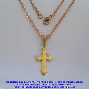 GARGANTILHA NO BRUTO PRONTO PARA O BANHO - COM CORRENTE CADEADO DE "50CM" COM FECHO LAGOSTA - PESO TOTAL 3.0GR  (3712) - PINGENTE CRUZ PORTUGUESA 15MM LISA - BRU3090