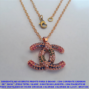 GARGANTILHA NO BRUTO PRONTO PARA O BANHO - COM CORRENTE CADEADO  DE " 50CM " -(PESO TOTAL 5.1GR ) COM FECHO LAGOSTA - COM PINGENTE DE   TODO CRAVEJADO EM MICRO ZIRCONIA COLORIDA COLORIDA DE 2,2CM - BRU7236