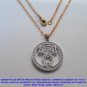 GARGANTILHA BRUTO PRONTO PARA O BANHO - CORRENTE CADEADO DE "50CM" FECHO LAGOSTA- PINGENTE COM UMA MENINA(NIQUEL) TAMANHO DO PINGENTE 2,5CM - PESO TOTAL 5,8GR - BRU7275
