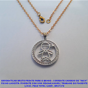 GARGANTILHA BRUTO PRONTO PARA O BANHO(CX75) - CORRENTE CADEADO DE "50CM" FECHO LAGOSTA- PINGENTE COM UMA MENINA(NIQUEL) TAMANHO DO PINGENTE 2,5CM - PESO TOTAL 5,8GR - BRU7276