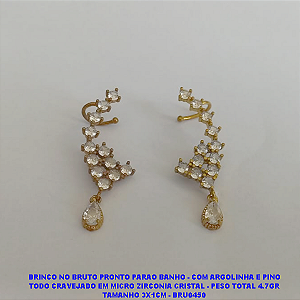 BRINCO NO BRUTO PRONTO PARAO BANHO - COM ARGOLINHA E PINO TODO CRAVEJADO EM MICRO ZIRCONIA CRISTAL - PESO TOTAL 4.7GR TAMANHO 3X1CM - BRU0450