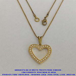 GARGANTILHA NO BRUTO PRONTO PARA O BANHO - COM CORRENTE VENEZIANA DE 45CM PINGENTE TODO CRAVEJADO - TAMANHO 1.8CM - PESO TOTAL 3.1GR - BRU7140