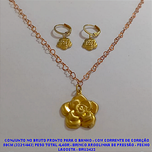 CONJUNTO NO BRUTO PRONTO PARA O BANHO - COM CORRENTE DE CORAÇÃO DE 50CM (3221/443) PESO TOTAL 4,4GR - BRINCO ARGOLINHA DE PRESSÃO - FECHO  LAGOSTA - BRU2422