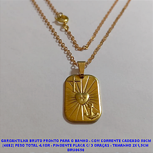 GARGANTILHA NO BRUTO PRONTO PARA O BANHO - COM CORRENTE CADEADO 50CM (4682) PESO TOTAL 4.1GR - PINGENTE PLACA C/ 3 GRAÇAS - TAMANHO 2X1,5CM  BRU0650