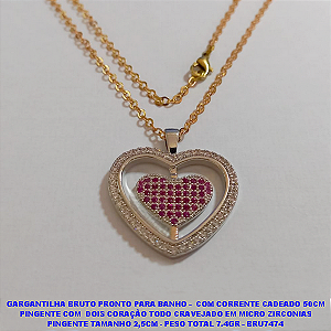 GARGANTILHA NO BRUTO PRONTO PARA O BANHO -  COM CORRENTE CADEADO 50CM PINGENTE COM  DOIS CORAÇÃO TODO CRAVEJADO EM MICRO ZIRCONIAS PINGENTE TAMANHO 2,5CM - PESO TOTAL 7.4GR - BRU7474