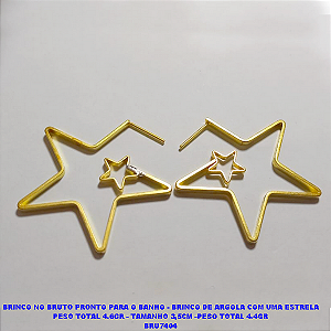 BRINCO NO BRUTO PRONTO PARA O BANHO - BRINCO DE ARGOLA COM UMA ESTRELA PESO TOTAL 4.6GR - TAMANHO 3,5CM -PESO TOTAL 4.4GR (CORDE)BRU7404