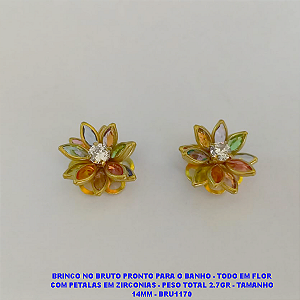 BRINCO NO BRUTO PRONTO PARA O BANHO - TODO EM FLOR COM PETALAS EM ZIRCONIAS - PESO TOTAL 2.7GR - TAMANHO 14MM - BRU1170