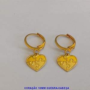 BRINCO BRUTO PRONTO PARA BANHO  COM ARGOLINHA DE PRESSÃO (4993)CORAÇÃO 10MM QUEBRA-CABEÇA (AUTISMO)- PESO TOTAL 1,7GR - BRU5105