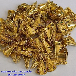 PINGENTE NO BRUTO PRONTO PARA O BANHO (CX24) - COMPOSIÇÃO 70% LATÃO E 30%ZIRCONIA - PINGENTE DE NOSSA SENHORA APARECIDA CRAVEJADA  ' - PESO 0,08 GR(TAMANHO  1,5CM -  - BRU000582
