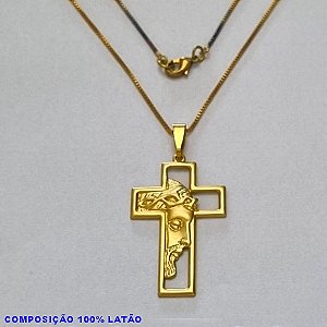 GARGANTILHA NO BRUTO PRONTO PARA O BANHO - (607) - GARGANTILHA COM CORRENTE VENEZIANA E PINGENTE CRUZ VAZADA C/ FACE DE CRISTO 35X22MM - TAMANHO 45,0CM- FECHO LAGOSTA - PESO 4,0GR BRU10077A