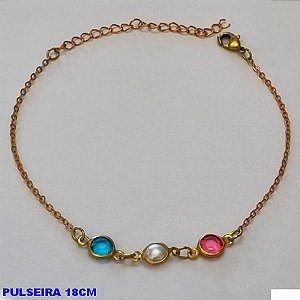PULSEIRA NO BRUTO PRONTO PARA O BANHO - (CX.144) PULSEIRA FEMININA COM PINGENTE DE PÉROLA E PEDRAS DE CRISTAL - TAMANHO 18CM + EXTENSOR - PESO 1,5GR - BRU10082A