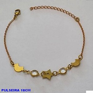 PULSEIRA NO BRUTO PRONTO PARA O BANHO -  PULSEIRA FEMININA COM ESTRELA E LUA E PEDRA CRISTAL - TAMANHO 18CM + EXTENSOR - PESO 2,0GR  E FECHO LAGOSTA - BRU10088A