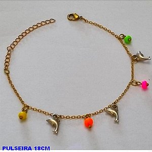 PULSEIRA NO BRUTO PRONTO PARA O BANHO(CX110) -  PULSEIRA FEMININA COM PINGENTE DE GOLFINHO 7MM E BOLINHAS COLORIDAS - TAMANHO 18CM + EXTENSOR - PESO 1,9GR  E FECHO LAGOSTA - BRU100100A