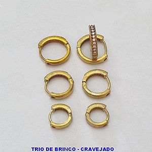 BRINCO NO BRUTO PRONTO PARA O BANHO 100% LATÃO  - TRIO DE BRINCO COM 3 PAR TAMANHOS 16MM/13MM/11MM CRAVEJADOS COM  MICRO ZIRCÔNIAS - PESO TOTAL 2,8GR - BRU100138A