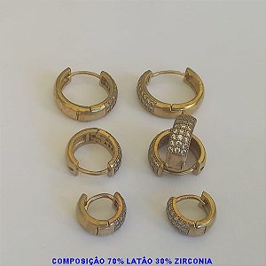 BRINCO NO BRUTO PRONTO PARA O BANHO LATÃO - TRIO DE BRINCO COM 3 PAR TAMANHOS 20MM/16MM/14MM CRAVEJADOS COM SETE FILEIRA DE MICRO ZIRCÔNIAS - PESO TOTAL 10.4GR - BRU100343B