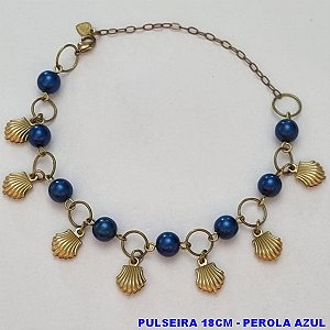 PULSEIRA NO BRUTO PRONTO PARA O BANHO(CX79) -  PULSEIRA FEMININA PÉROLA AZUL COM CONCHAS - TAMANHO 18CM + EXTNSOR - PESO 6,5GR  E FECHO LAGOSTA - BRU100418A