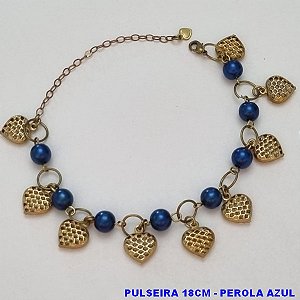 PULSEIRA NO BRUTO PRONTO PARA O BANHO(CX79) -  PULSEIRA FEMININA COM PÉROLAS AZUÍS COM CORAÇÕES VAZADO - TAMANHO 18CM + EXTENSOR - PESO 8,2GR  E FECHO LAGOSTA - BRU100419A
