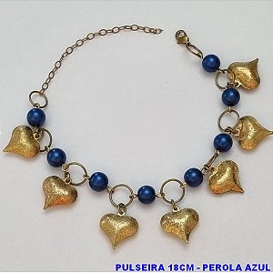 PULSEIRA NO BRUTO PRONTO PARA O BANHO(CX78) -  PULSEIRA FEMININA COM PÉROLAS AZUÍS COM CORAÇÕES BRILHANTES - TAMANHO 17CM + EXTENSOR - PESO 9,1GR  E FECHO LAGOSTA - BRU100420A