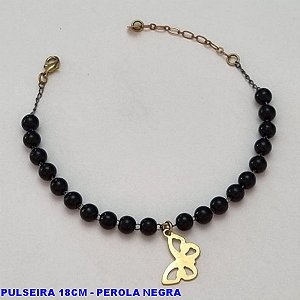 PULSEIRA NO BRUTO PRONTO PARA O BANHO(CX78) -  PULSEIRA FEMININA COM PÉROLAS NEGRAS E BORBOLETA LISA - TAMANHO 18CM + EXTENSOR - PESO 3,8GR  E FECHO LAGOSTA - BRU100423A