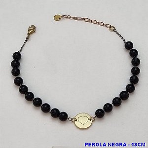 PULSEIRA NO BRUTO PRONTO PARA O BANHO(CX44) -  PULSEIRA FEMININA COM PÉROLAS NEGRAS COM CORAÇÃO - TAMANHO 18CM + EXTENSOR  - PESO 3,8GR  E FECHO LAGOSTA - BRU100437A