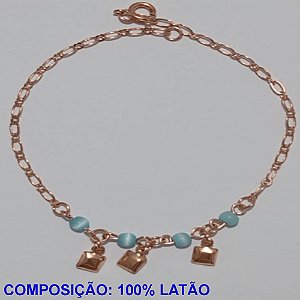 PULSEIRA NO BRUTO PRONTO PARA O BANHO(CX92) - CORRENTE COM CRISTAIS E PINGENTES - TAMANHO 21CM - PESO 2.3GR - 4 BOLINHAS AZUIS E 3 QUADRADOS - BRU11009A