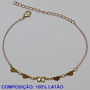 PULSEIRA NO BRUTO PRONTO PARA O BANHO(CX105)- PULSEIRA FEMININA COM UMA BORBOLETA CRISTAL E QUATRO CORAÇÕES - TAMANHO 18CM + EXTENSOR - PESO 1.4GR E FECHO LAGOSTA - BRU11023A