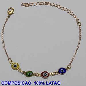 PULSEIRA NO BRUTO PRONTO PARA O BANHO(CX112)- PULSEIRA FEMININA COM QUATRO OLHO GREGO COLORIDO - TAMANHO 16CM + EXTENSOR - PESO 1.6GR E FECHO LAGOSTA - BRU11025A